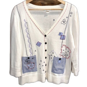 Vintage Coastal Cardigan Sweater Neutral Minimalist Patchwork 100% Cotton size L